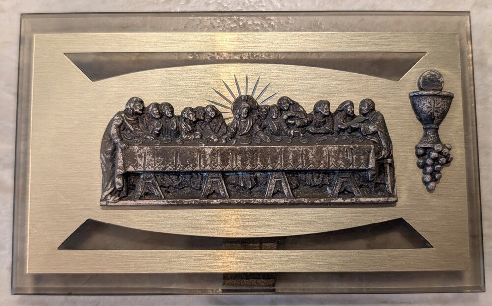 VTG 1960s Italian Last Supper Brass Plaque on Glass, 5x3 Religious Decor